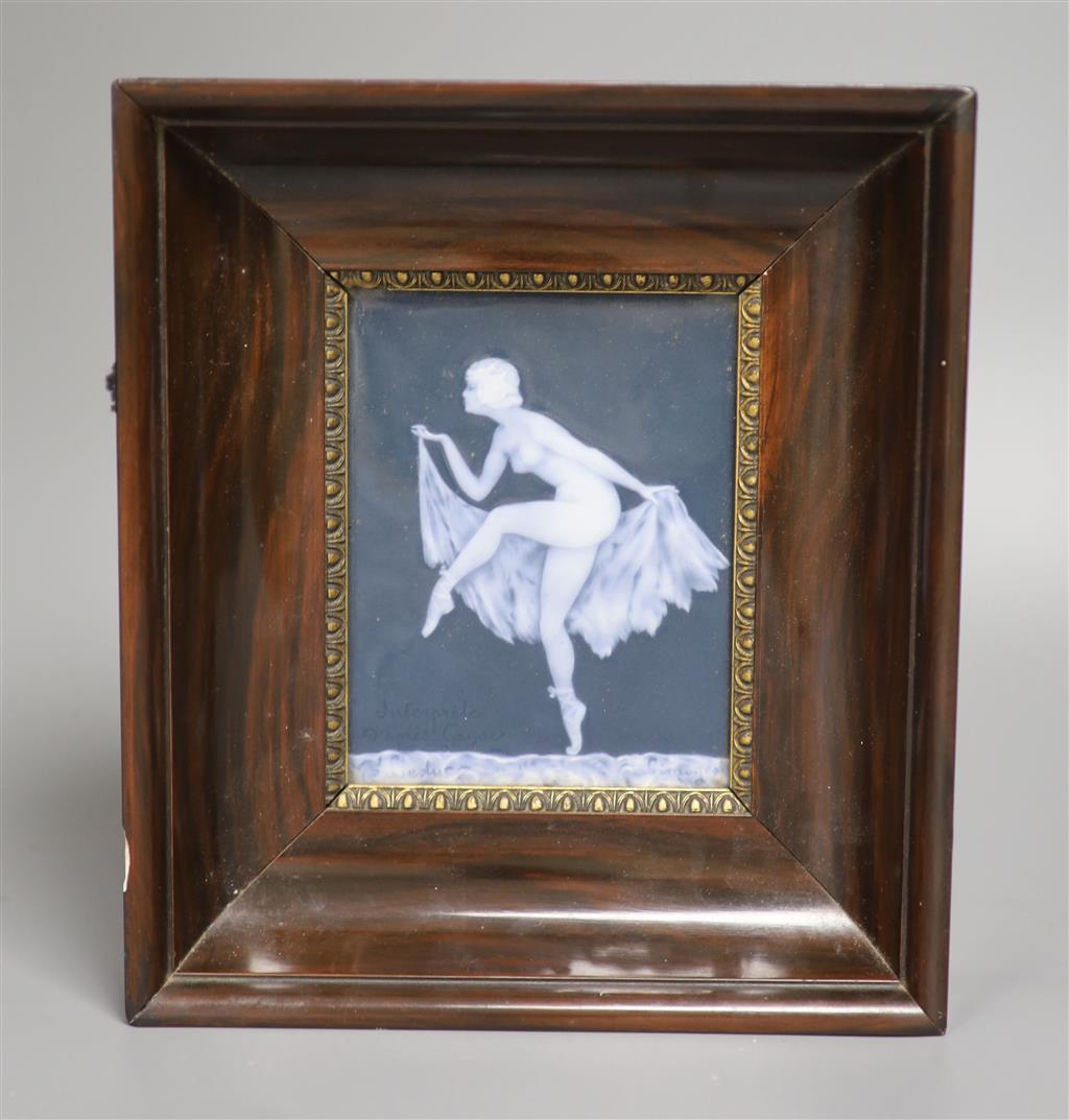 A 19th century Limoges pate sur pate plaque of a nude dancer, signed Leduc, 24 x 21cm including frame
